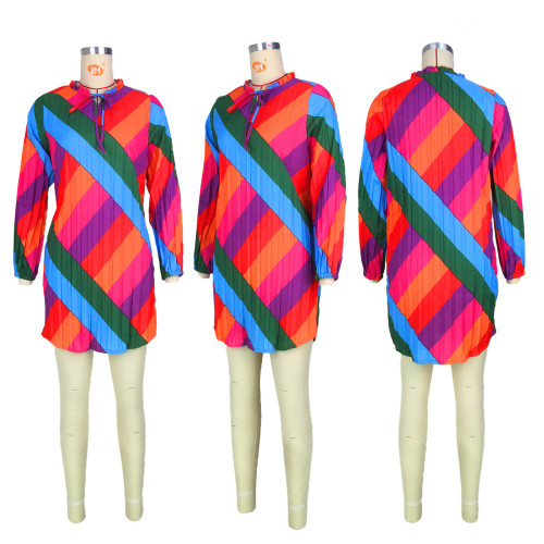 Fashion Sexy Pleated Rainbow Print Dress