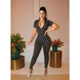 Solid Color Cutout Hole V-Neck Short Sleeve Jumpsuit