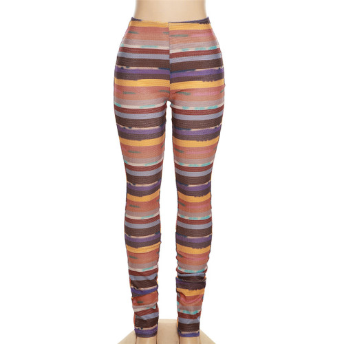 Sexy Contrast Stripe Stitching High Waist Thin Breathable Tight Casual Pants