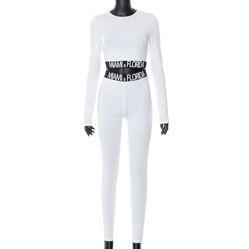Round neck print slim fit long sleeve pants tight casual suit