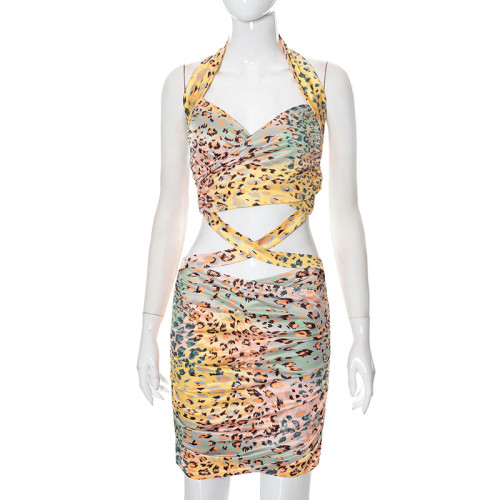 Leopard print hanging neck slim back sexy dress