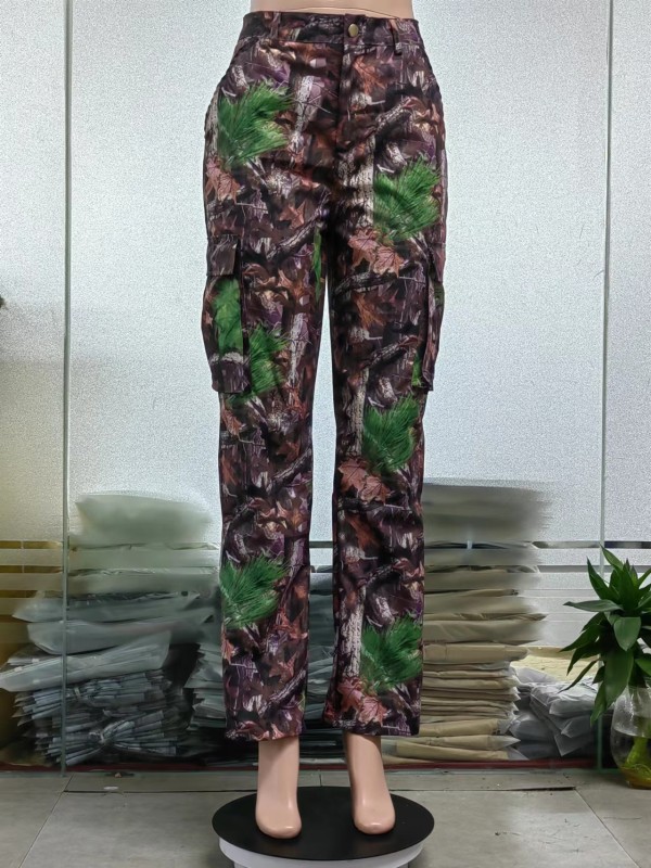 Trendy Leaf Print Straight High Waist Pocket Multicolor Cargo Pants SMJR1096