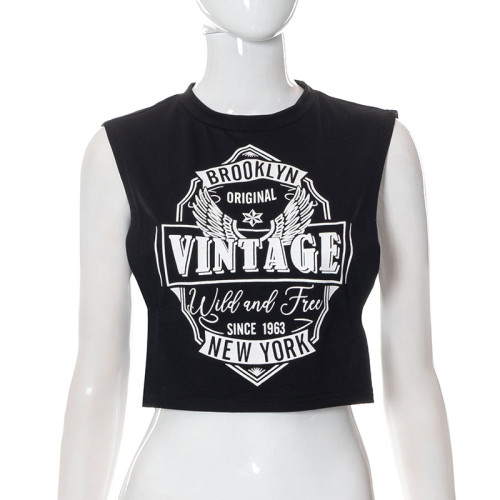 Open navel print sleeveless top European and American women's wear
