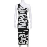 Milk pattern print contrast color stitching one-shoulder slim-fit side slit temperament slim-fit dress