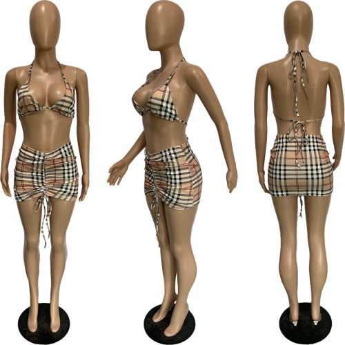 Plaid Print Sling Drawstring Sexy Suit