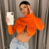 Fashion Sexy Long Sleeve High Neck Chest Front Zipper Long Sleeve Crop Top