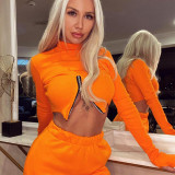 Fashion Sexy Long Sleeve High Neck Chest Front Zipper Long Sleeve Crop Top