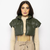 Solid color PU leather cardigan sexy cropped vest cotton coat