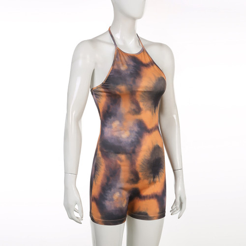 Irregular tie-dye print halter strap open back bodysuit