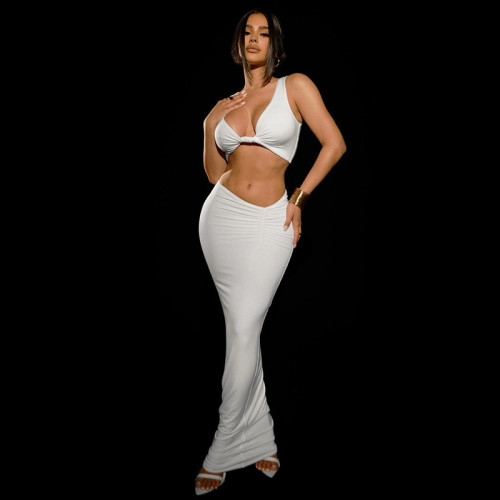 Deep V Neck Vest Solid Color Pleated Temperament Slim Fit Hip Long Skirt Suit
