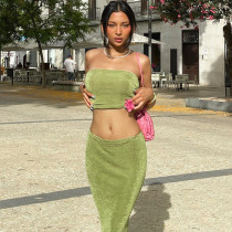 Temperament wrapped chest exposed navel street niche style lotus leaf long skirt suit