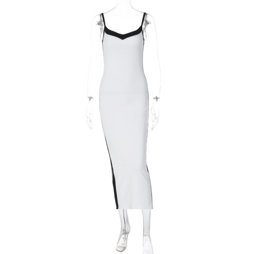 Contrast color stitching temperament slim suspender dress