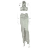 Lace-up halterneck wrap chest long skirt two-piece fashion temperament suit