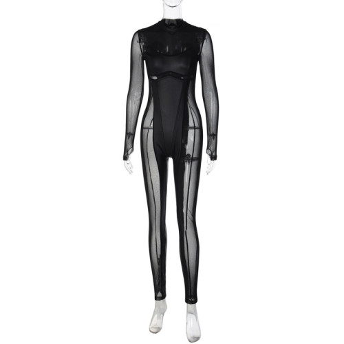 Fashion Patchwork Mesh Crew Neck Back Zipper Long Sleeve Jumpsuit