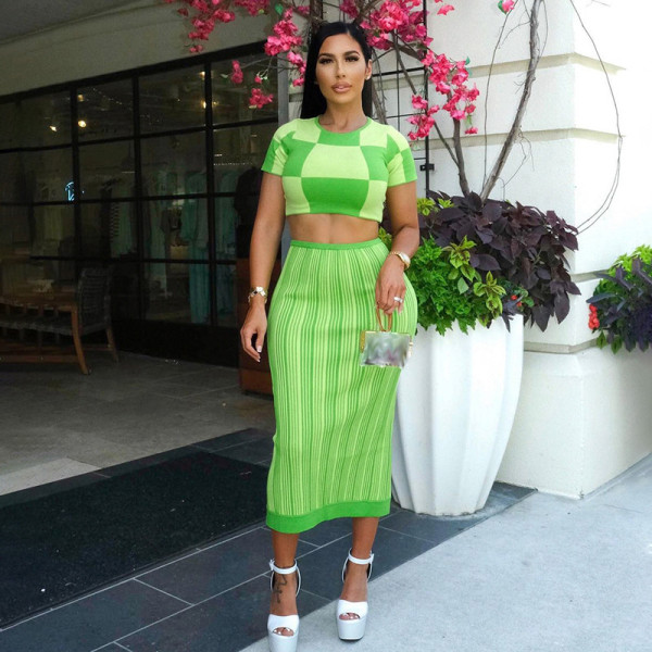 Thread Check Stripe Cropped Top Skirt Set Two Piece