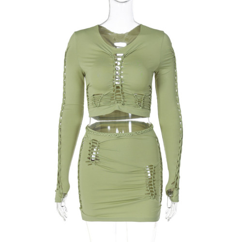 Fashion Cutout Round Neck Long Sleeve Top Slim Fit Skirt Set