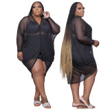 Plus Size Women's V-Neck Button Sexy Mesh Skirt See-Through Outer Dress