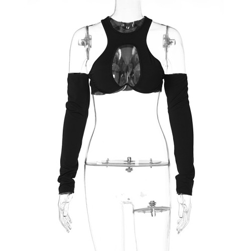 Fashion Sexy Chest Hollow Out Round Neck Long Sleeve Sleeve Top