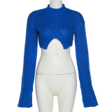 Fashionable round neck flared sleeve short cropped knitted sweater with navel design