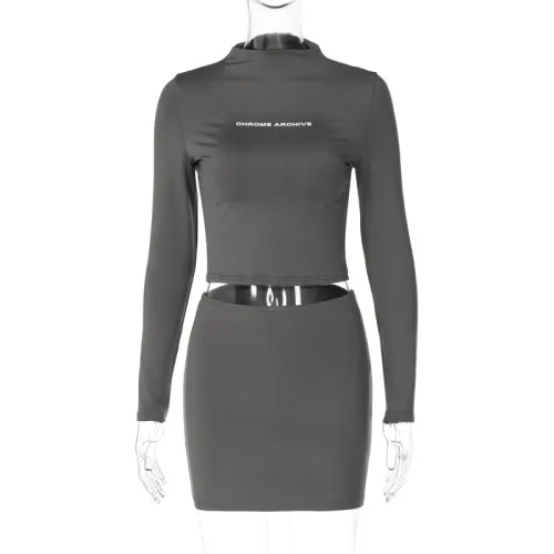Fashion Letter Print Long Sleeve Top Slim Fit Short Skirt Set