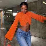 Fashionable round neck flared sleeve short cropped knitted sweater with navel design