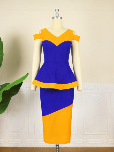 V-Neck Hang Sleeve Panel Ruffle Top Slim Fit Hip Party Dress