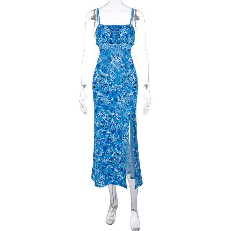 Fashion Floral Backless Lace-Up Slim Slit Sling Dress