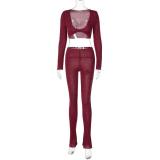Fashionable and sexy U-neck cropped navel long-sleeved top slim fit and slim trousers suit
