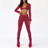 Fashionable and sexy U-neck cropped navel long-sleeved top slim fit and slim trousers suit