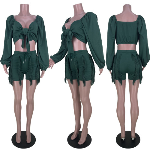 Elegant Long Sleeve Cropped Shirt Drawstring Fringe Two Piece
