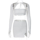 Sexy Tube Top Cutout Long Sleeve Top Slim Fit Slit Skirt