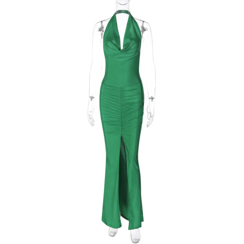 Fashionable halter neck open back slim pleated slit dress