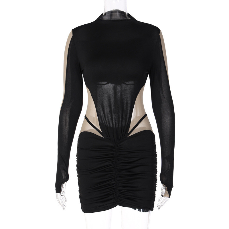 Fashion Sexy Mesh Panel Slim Fit Ruched Long Sleeve Dress