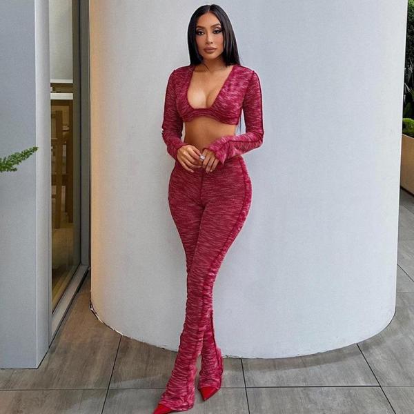 Fashionable and sexy U-neck cropped navel long-sleeved top slim fit and slim trousers suit