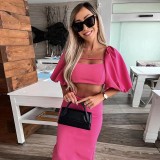 Fashion Square Neck Puff Sleeve T-Shirt Slim Fit Hip Skirt Set