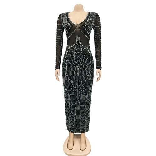 Sexy night club hot drill mesh perspective V-Neck long sleeve long skirt dress