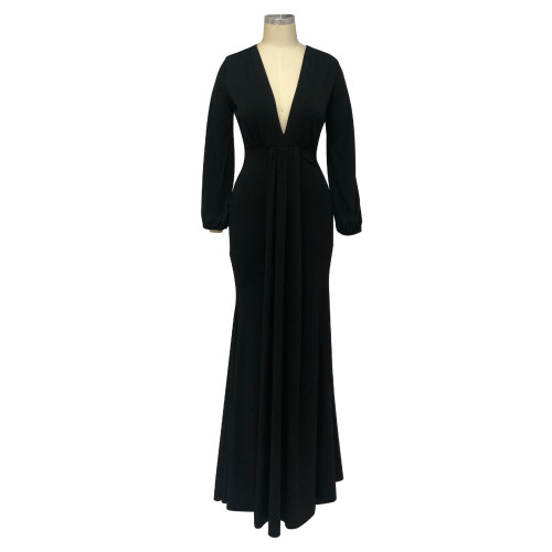 Autumn sexy slim deep V-neck dress floor dress