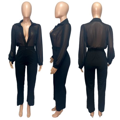 Fashion shirt collar perspective Chiffon knit Jumpsuit