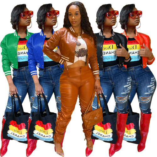Women's PU leather jacket imitation leather baseball jacket jacket long sleeve