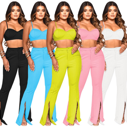 Suspender bra, high waist trousers, slit casual suit
