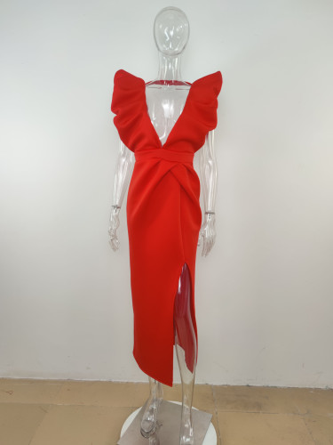 Sexy women's deep V three-dimensional sleeveless open back high waist split dress evening dress