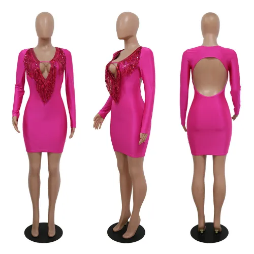 Beaded sling tassel A-shaped long sleeve dress high-end sexy open chest skirt in nightclub