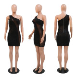 Slant single sleeveless Sequin stitched polyester mesh Hip Wrap A-line short dress