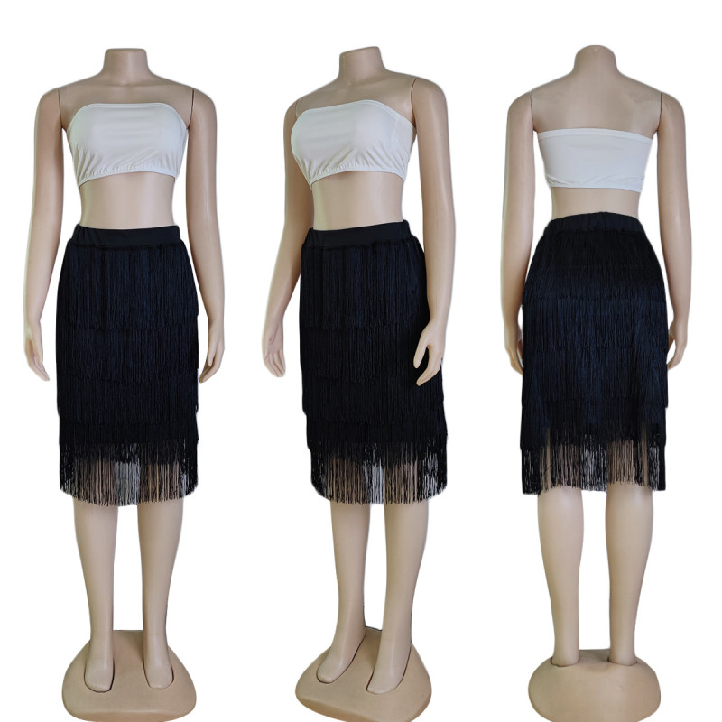 high waist stitched fringed skirt slim hip package skirt