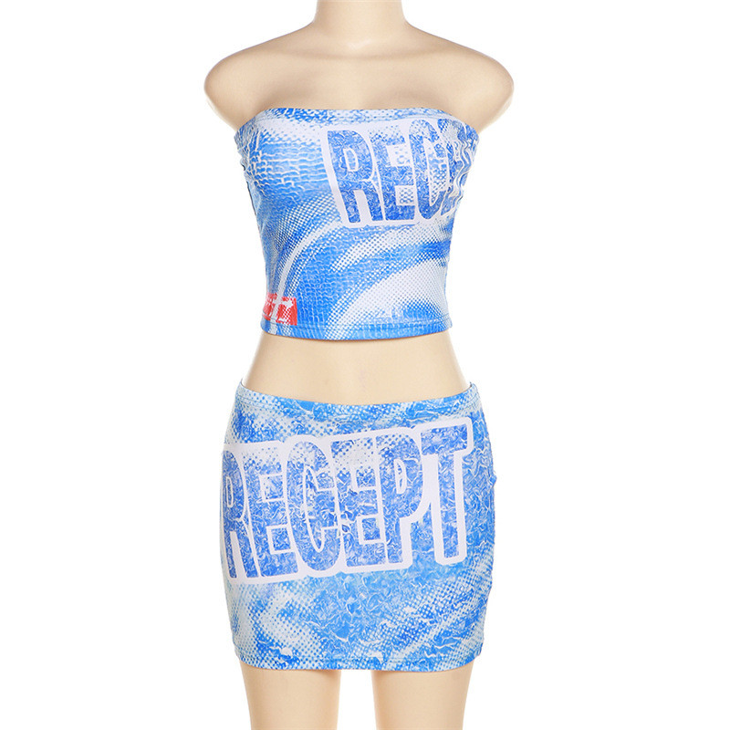 High Waist Low Cut Print Letter Contrast Color Wrap Top Casual Short Skirt Set