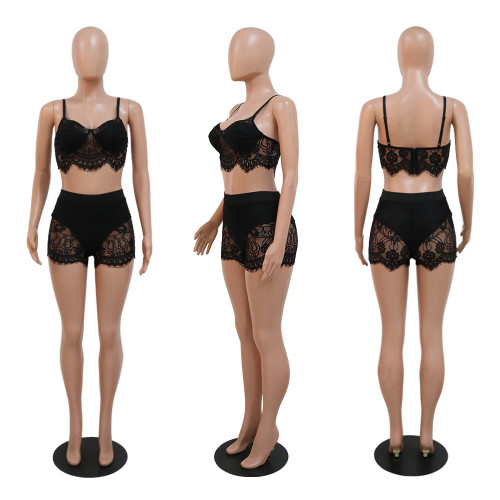 Suspender short top with breech shorts and sexy lace two-piece set