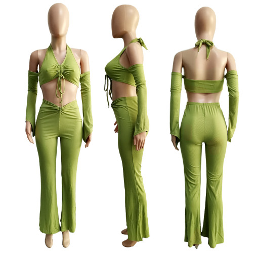 Thread sleeved irregular pleated wide leg pants two-piece set
