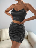Women's Sexy Vest Two-Piece V-Neck Metal Sling Pack Hip Skirt