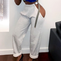 Solid Color Leaky Hip School Bag Buckle Belt Casual Sports Pants