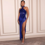 Banquet party dress, sexy high slit Sequin party dress with hanging neck